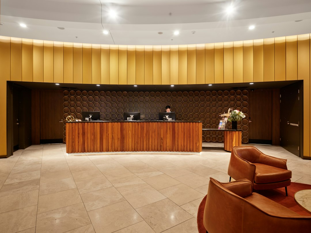 Hotel reception desk and seating
